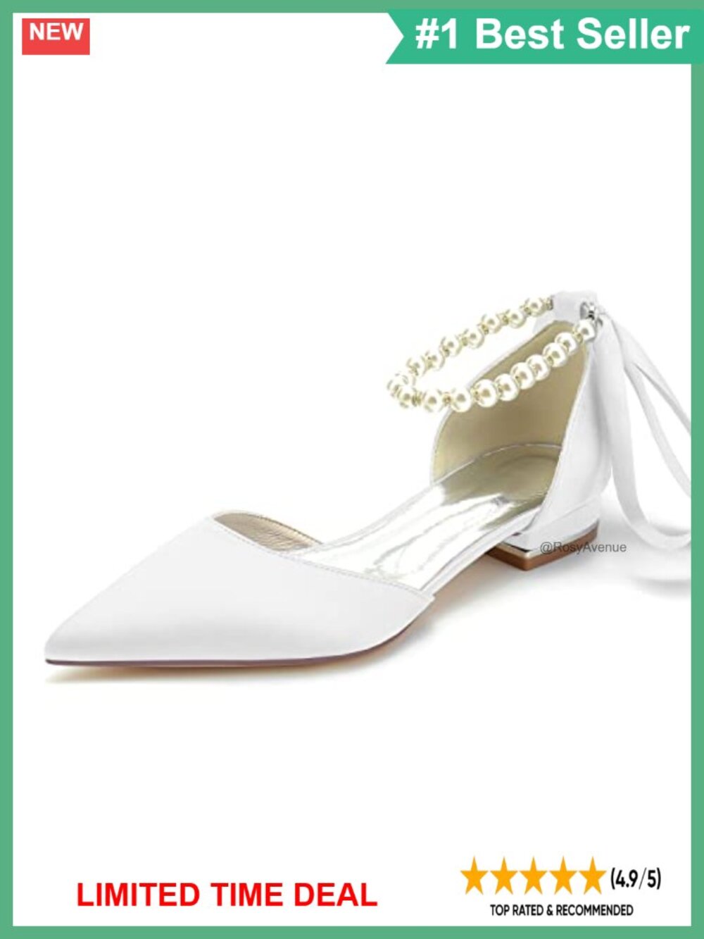 Pointed Toe Satin Pearl Wedding Flats with Ankle Strap